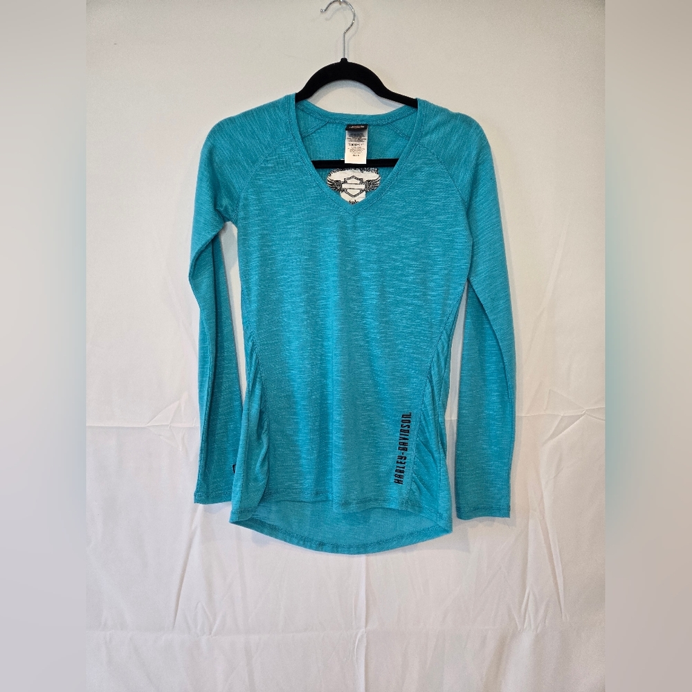 3/$25Harley Davidson V-neck Long Sleeve Blue Turquoise Gettysburg Top Size Small
